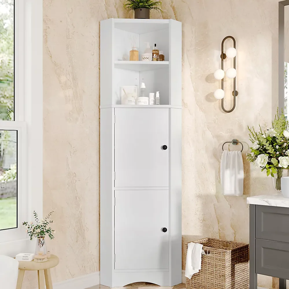 ProximaX Meuble triangulaire salle de bain blanc laqué, 2 étagères ouvertes, 2 portes avec séparateurs réglables, design simple
