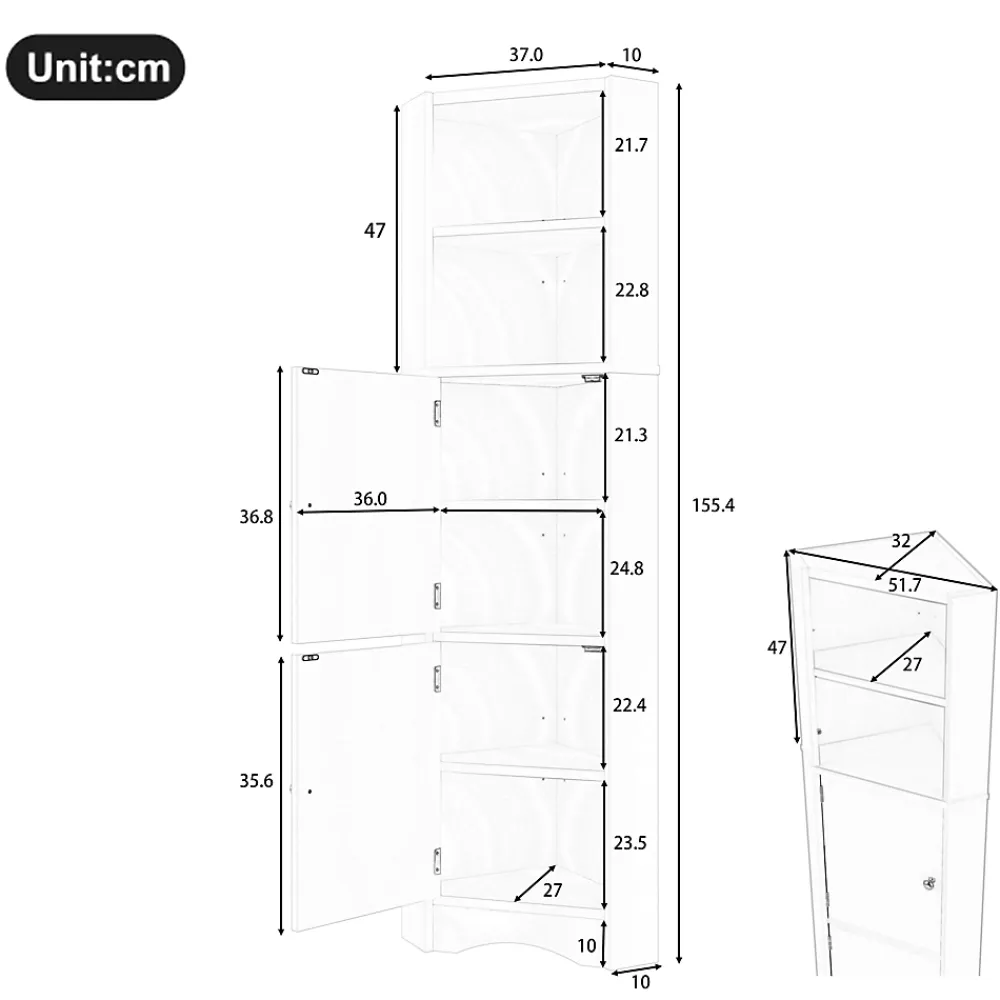ProximaX Meuble triangulaire salle de bain blanc laqué, 2 étagères ouvertes, 2 portes avec séparateurs réglables, design simple