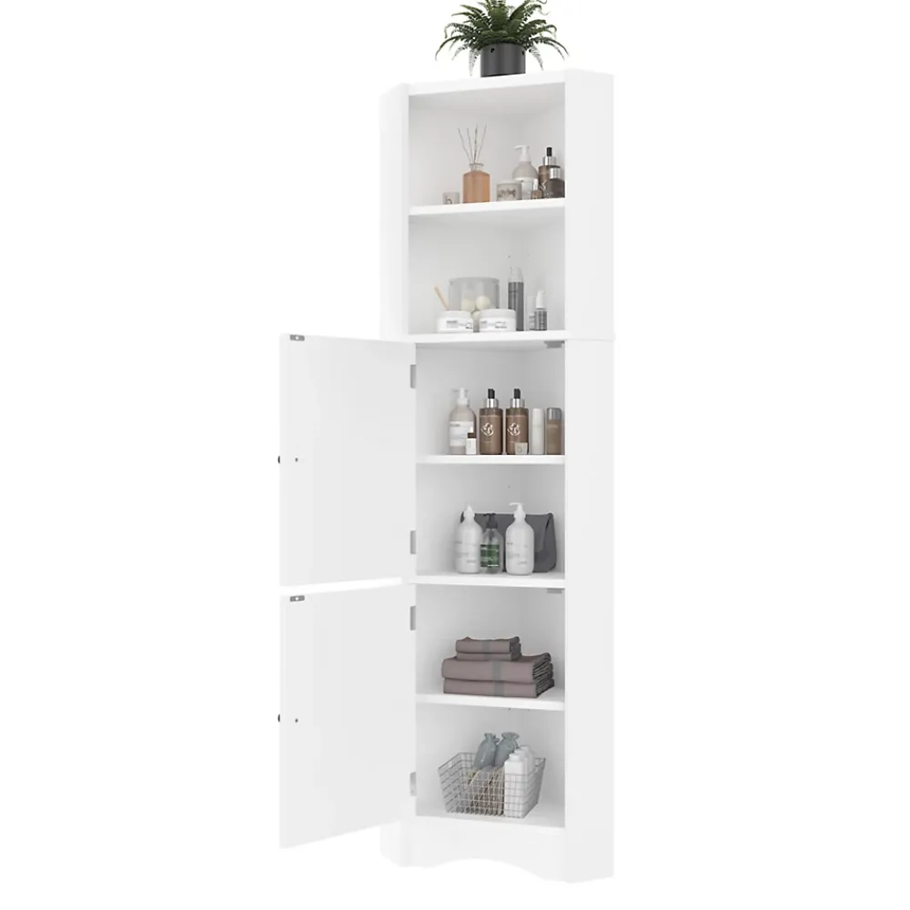 ProximaX Meuble triangulaire salle de bain blanc laqué, 2 étagères ouvertes, 2 portes avec séparateurs réglables, design simple