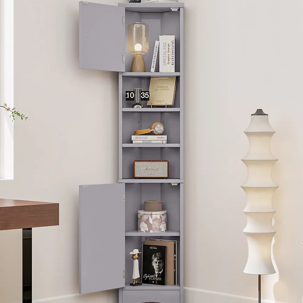 ProximaX Meuble triangulaire salle de bain, résistant à l'humidité, 3 étagères ouvertes, double porte avec étagères réglables, gris