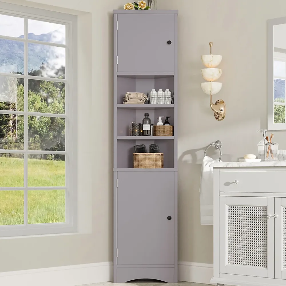 ProximaX Meuble triangulaire salle de bain, résistant à l'humidité, 3 étagères ouvertes, double porte avec étagères réglables, gris