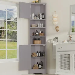 ProximaX Meuble triangulaire salle de bain, résistant à l'humidité, 3 étagères ouvertes, double porte avec étagères réglables, gris