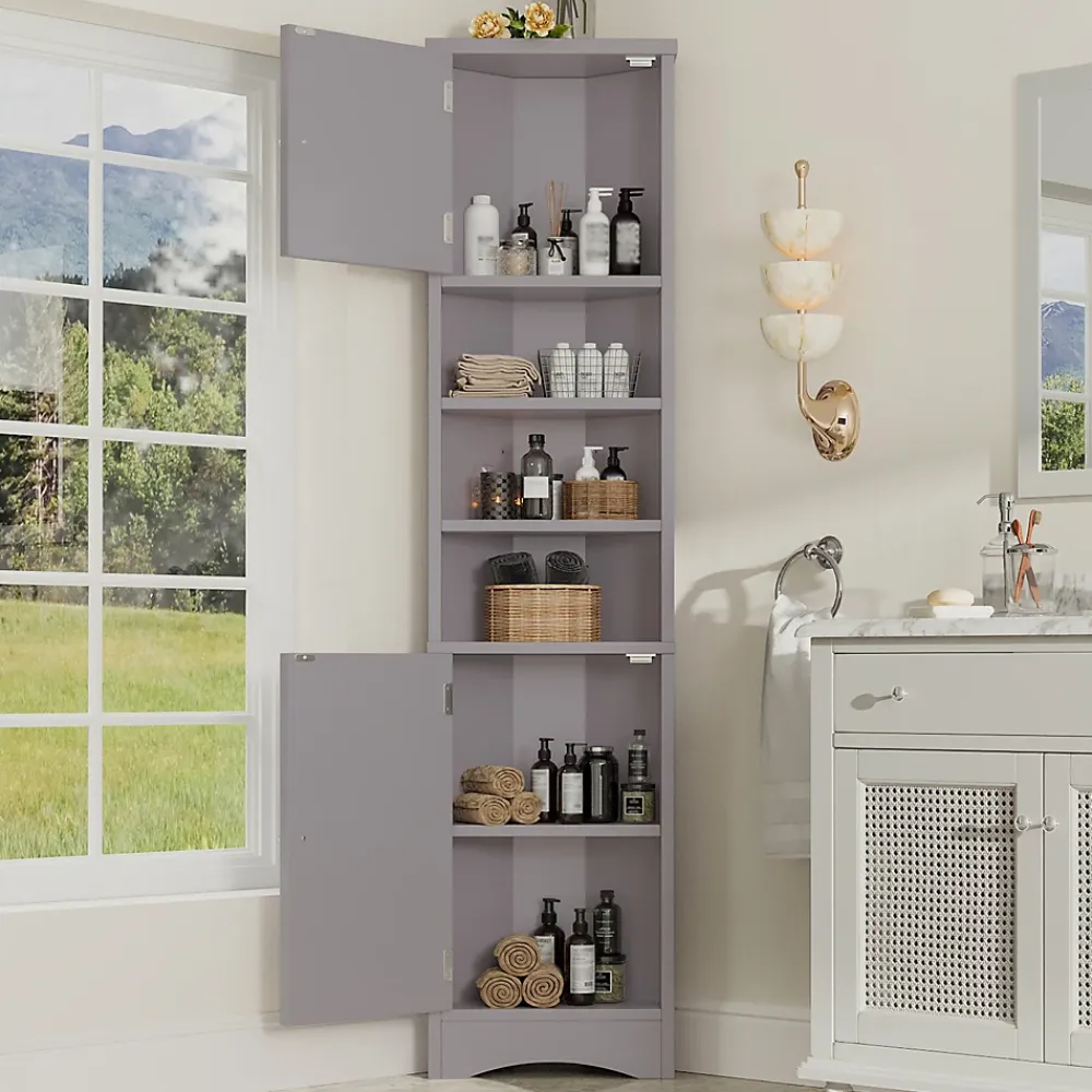 ProximaX Meuble triangulaire salle de bain, résistant à l'humidité, 3 étagères ouvertes, double porte avec étagères réglables, gris