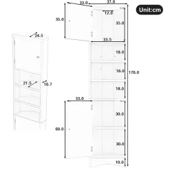 ProximaX Meuble triangulaire salle de bain, résistant à l'humidité, 3 étagères ouvertes, double porte avec étagères réglables, gris