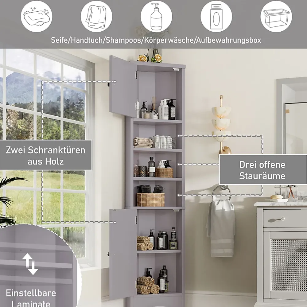ProximaX Meuble triangulaire salle de bain, résistant à l'humidité, 3 étagères ouvertes, double porte avec étagères réglables, gris