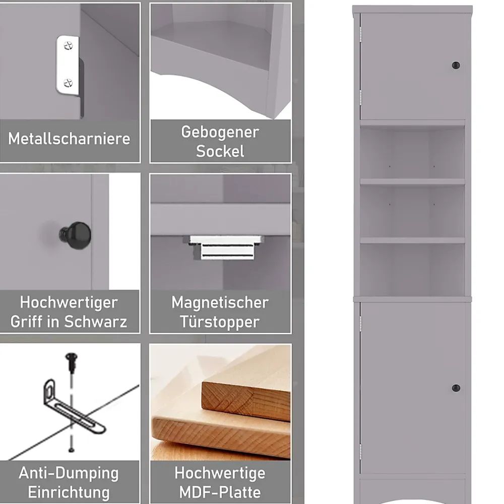 ProximaX Meuble triangulaire salle de bain, résistant à l'humidité, 3 étagères ouvertes, double porte avec étagères réglables, gris