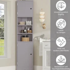 ProximaX Meuble triangulaire salle de bain, résistant à l'humidité, 3 étagères ouvertes, double porte avec étagères réglables, gris