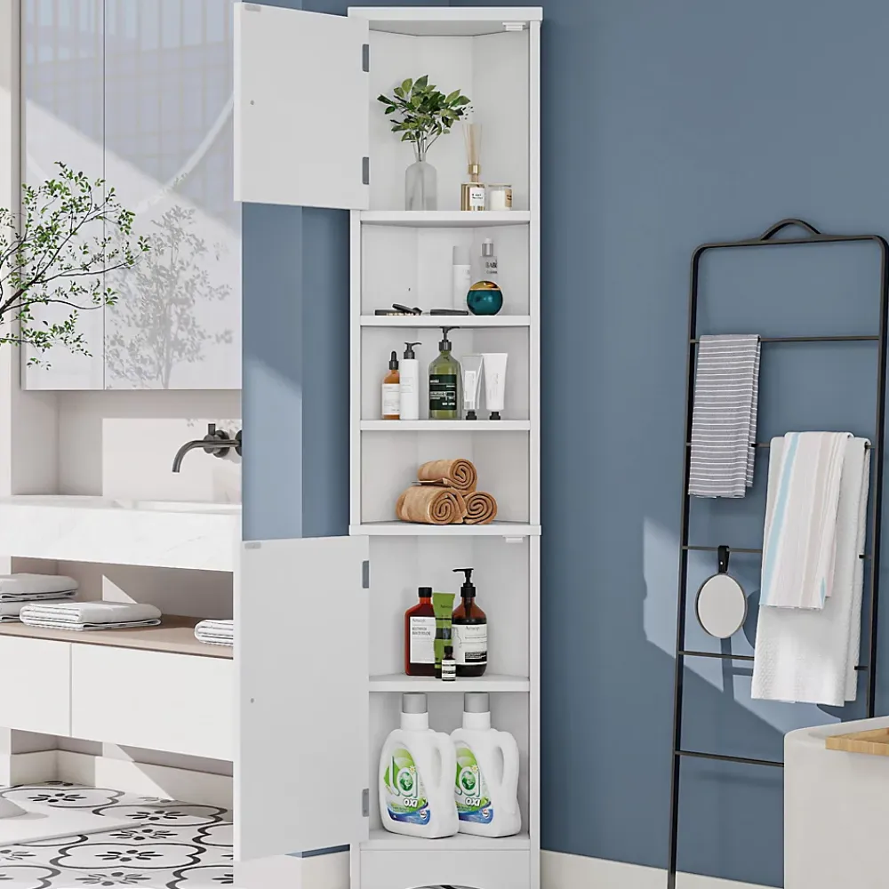 ProximaX Meuble triangulaire salle de bain blanc, résistant à l'humidité, étagères ouvertes, double porte avec étagères réglables