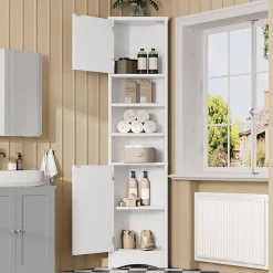 ProximaX Meuble triangulaire salle de bain blanc, résistant à l'humidité, étagères ouvertes, double porte avec étagères réglables