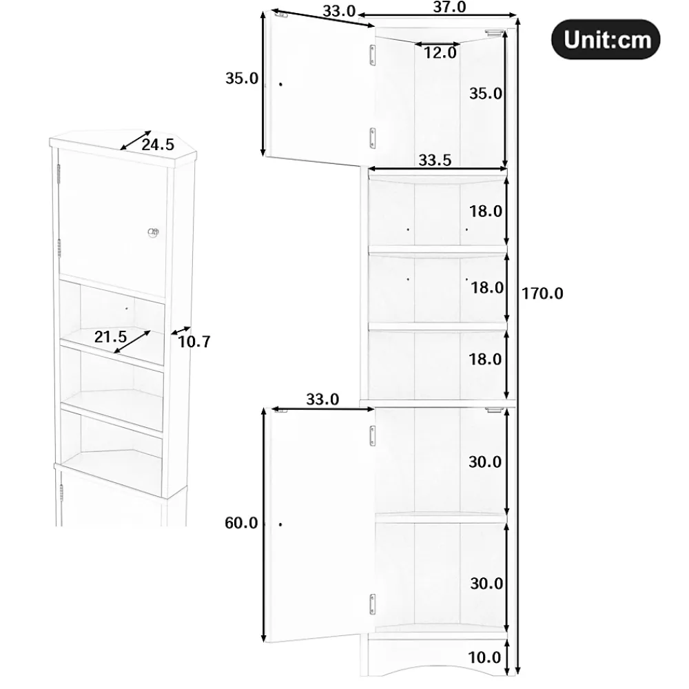 ProximaX Meuble triangulaire salle de bain blanc, résistant à l'humidité, étagères ouvertes, double porte avec étagères réglables