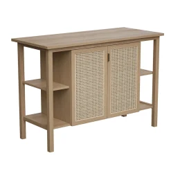 Meuble vasque à poser 2 portes avec plan de toilette l.114 x H.80 x P.50 cm, placage chêne et cannage, Thiam