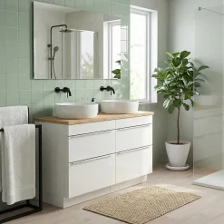 Meuble Buanderie|GoodHome Meuble vasque à poser blanc brillant l.120 cm Imandra + plan de toilette chêne massif Hartland,