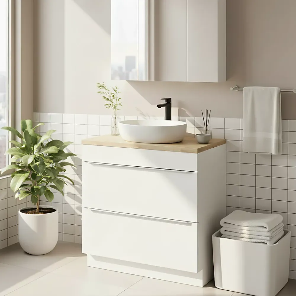 GoodHome Meuble vasque à poser blanc brillant l.80 cm Imandra + plan de toilette chêne massif Hartland,