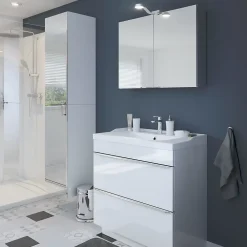 GoodHome Meuble vasque à poser blanc l.80 cm Imandra + plan vasque blanc céramique Lana,