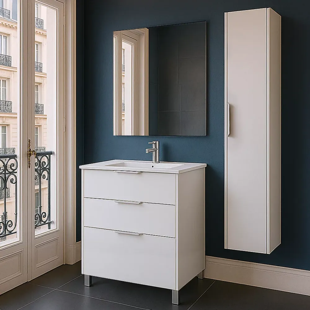 Futurbath Meuble vasque à poser blanc mat l.60 cm + plan simple vasque porcelaine, Louna