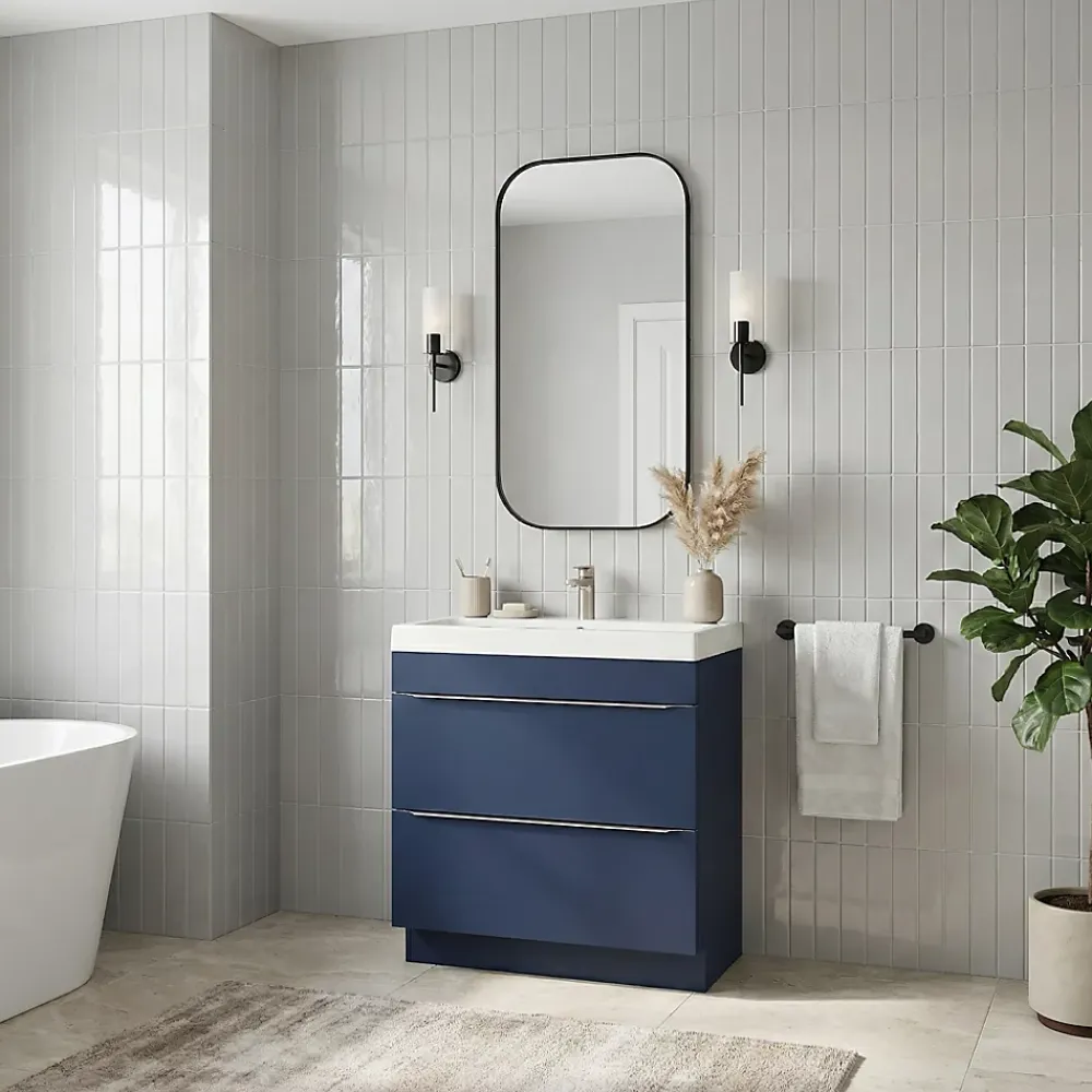 GoodHome Meuble vasque à poser bleu nuit mat l.80 cm Imandra + plan vasque blanc résine Mila,