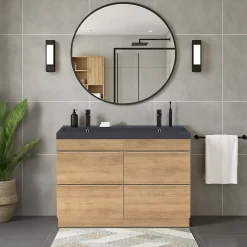 GoodHome Meuble vasque à poser effet chêne clair l.120 cm Imandra + plan vasque noir résine,