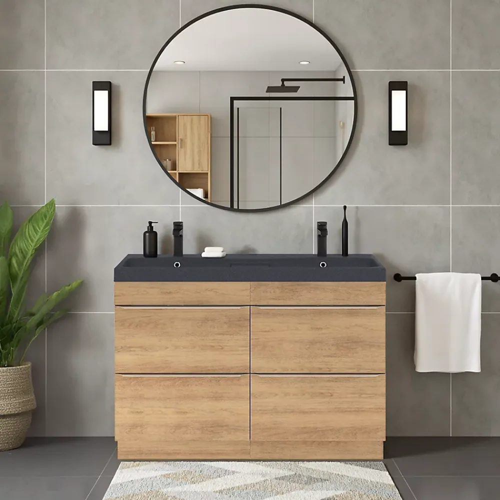 GoodHome Meuble vasque à poser effet chêne clair l.120 cm Imandra + plan vasque noir résine,