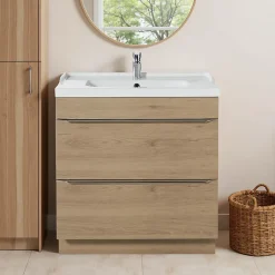 GoodHome Meuble vasque à poser effet chêne l.80 cm Imandra + plan vasque blanc céramique Lana,