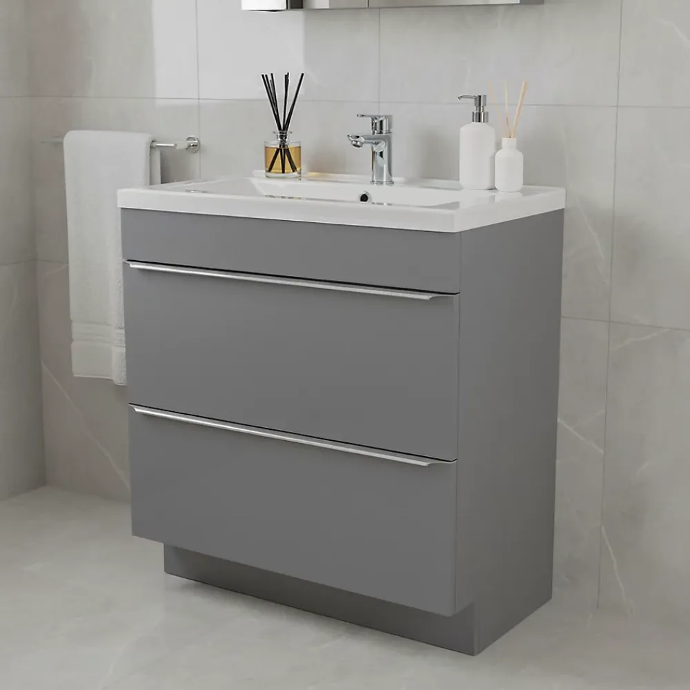 GoodHome Meuble vasque à poser gris l.80 cm Imandra + plan vasque blanc céramique Nira,