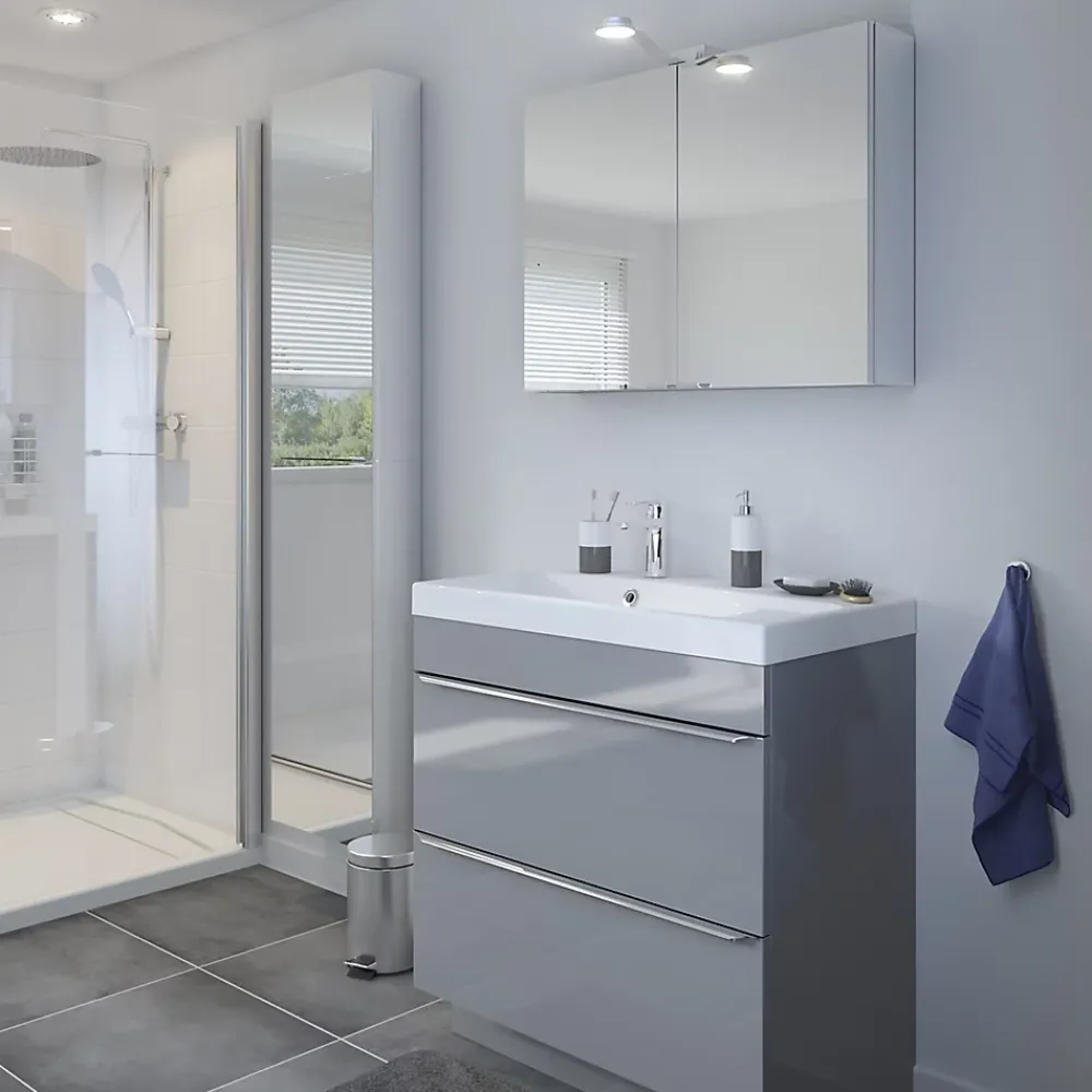 GoodHome Meuble vasque à poser gris l.80 cm Imandra + plan vasque blanc céramique Nira,