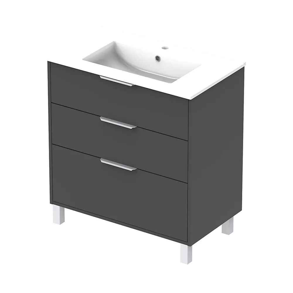 Meuble Vasque|Futurbath Meuble vasque à poser gris anthracite l.80 cm + plan simple vasque porcelaine, Louna