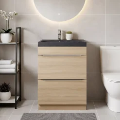Meuble Vasque|GoodHome Meuble vasque à poser Imandra effet chêne l.60 cm + plan vasque noir résine Mila,