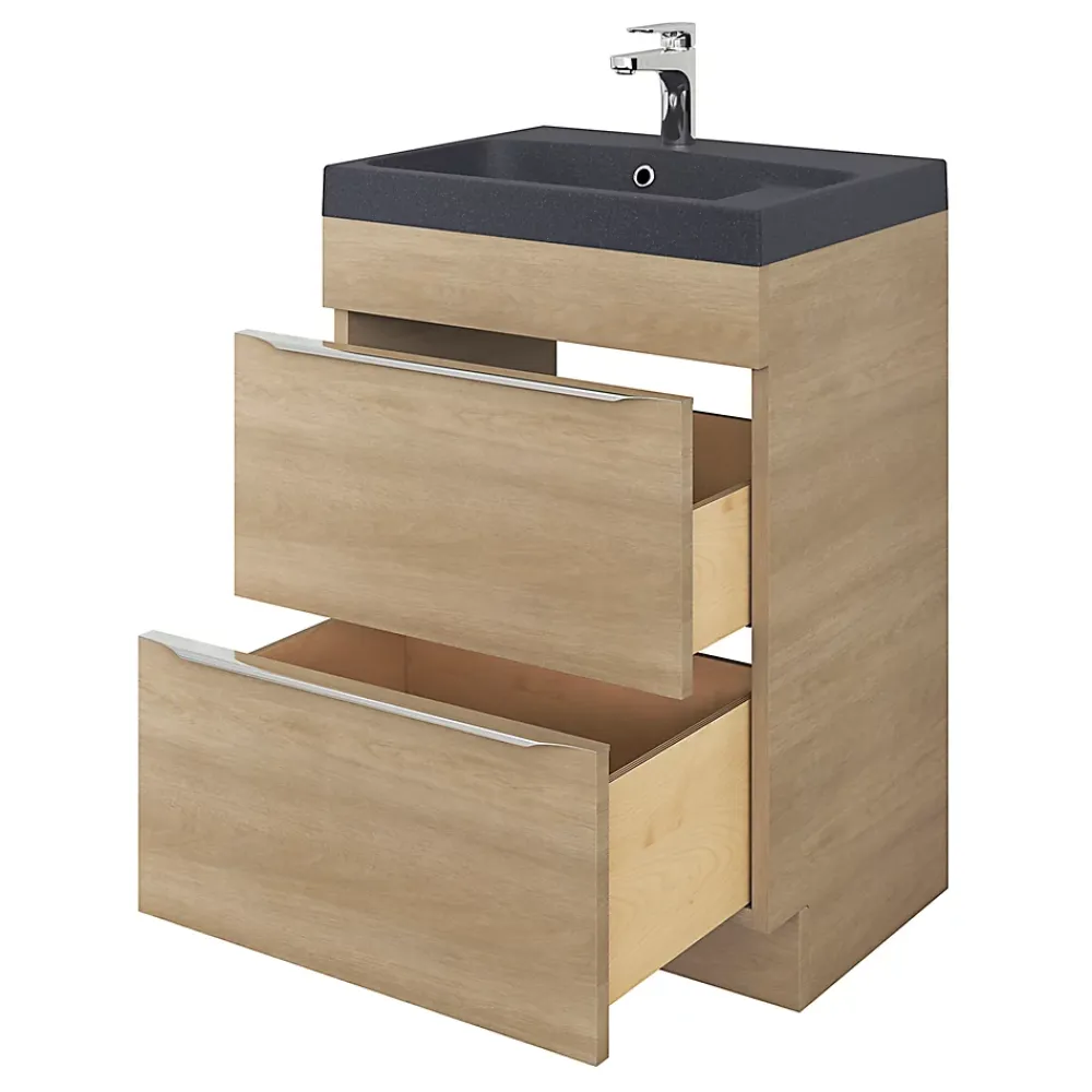 Meuble Vasque|GoodHome Meuble vasque à poser Imandra effet chêne l.60 cm + plan vasque noir résine Mila,