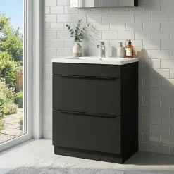 GoodHome Meuble vasque à poser noir mat l.60 cm Imandra + plan vasque blanc céramique Nira,