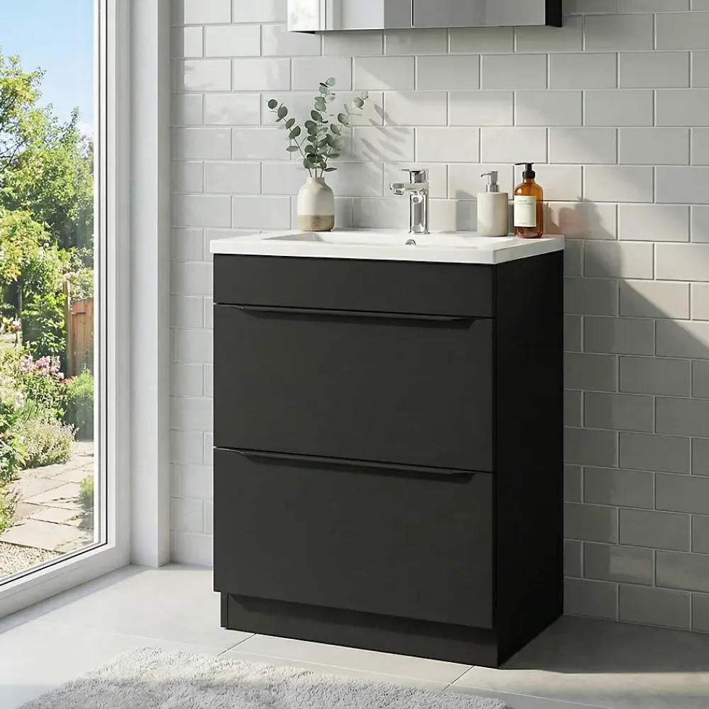 GoodHome Meuble vasque à poser noir mat l.60 cm Imandra + plan vasque blanc céramique Nira,