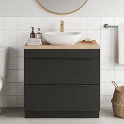 GoodHome Meuble vasque à poser noir mat l.80 cm Imandra + plan de toilette chêne massif Hartland,