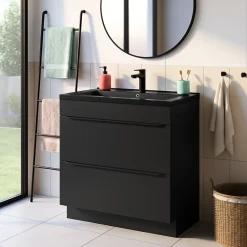 GoodHome Meuble vasque à poser noir mat l.80 cm Imandra + plan vasque noir céramique Nira,