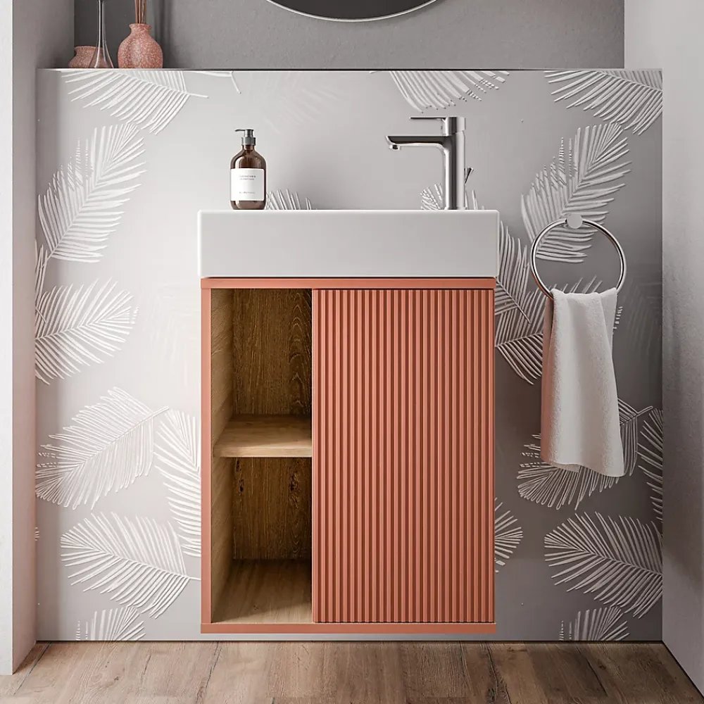 Lave-Mains|Bernstein Meuble vasque Abricot mat de salle de bain 55x24x59cm (LxPxH) 1 porte à droite + 2 cases rangement - BELDIVO