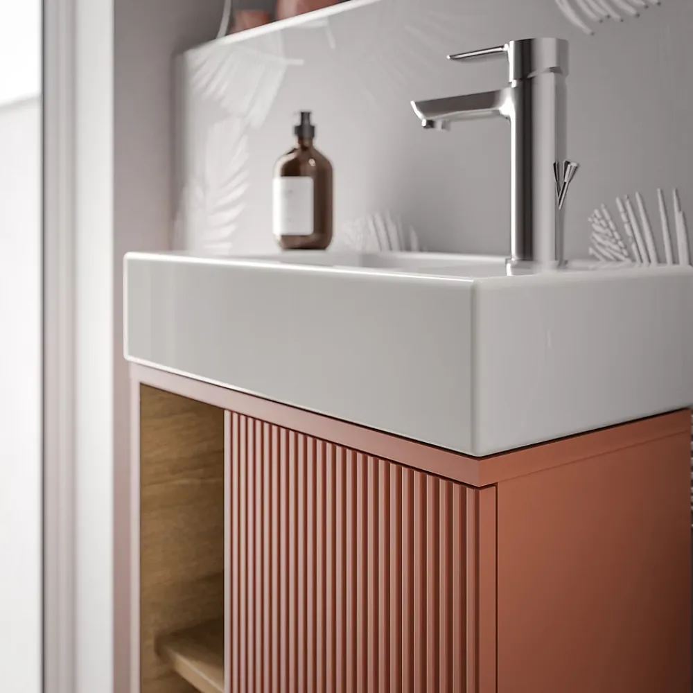 Lave-Mains|Bernstein Meuble vasque Abricot mat de salle de bain 55x24x59cm (LxPxH) 1 porte à droite + 2 cases rangement - BELDIVO