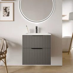 Bernstein Meuble vasque Anthracite mat strié de salle de bain 60x46x62cm (LxPxH) + vasque céramique, Poignées chrome - TIM60