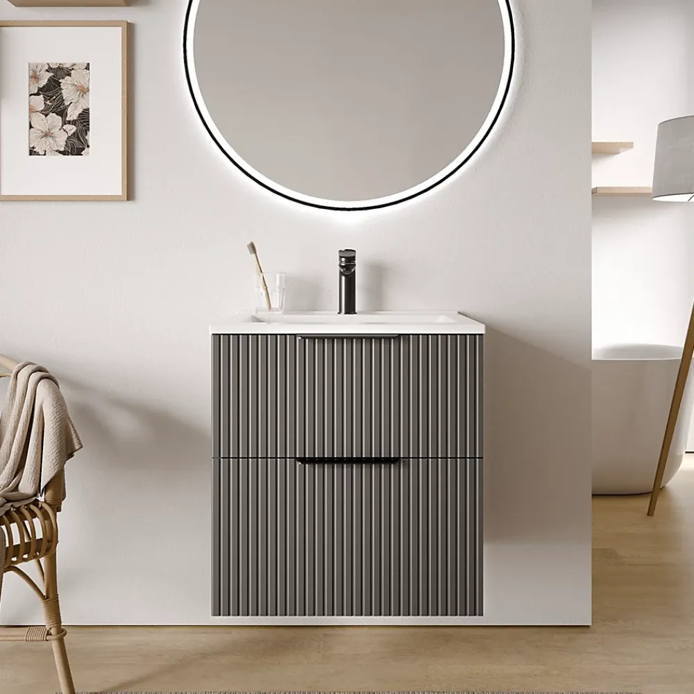 Bernstein Meuble vasque Anthracite mat strié de salle de bain 60x46x62cm (LxPxH) + vasque céramique, Poignées chrome - TIM60
