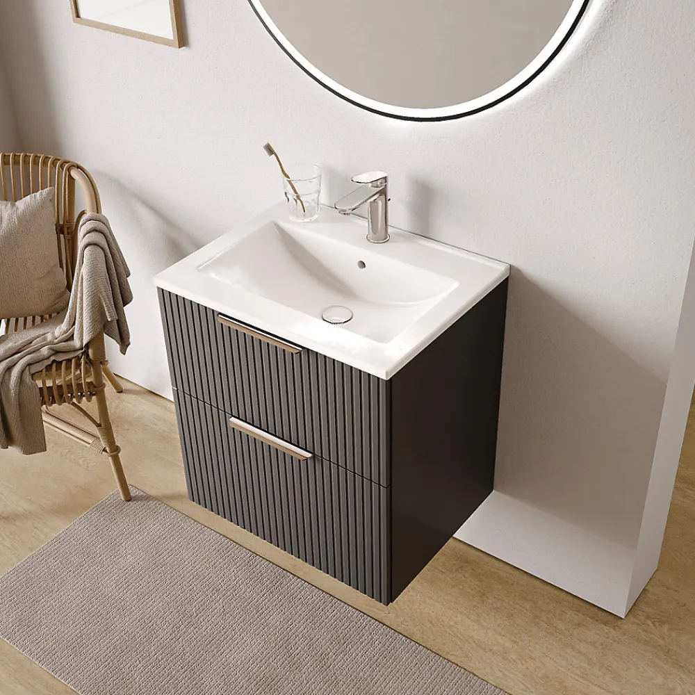 Bernstein Meuble vasque Anthracite mat strié de salle de bain 60x46x62cm (LxPxH) + vasque céramique, Poignées chrome - TIM60