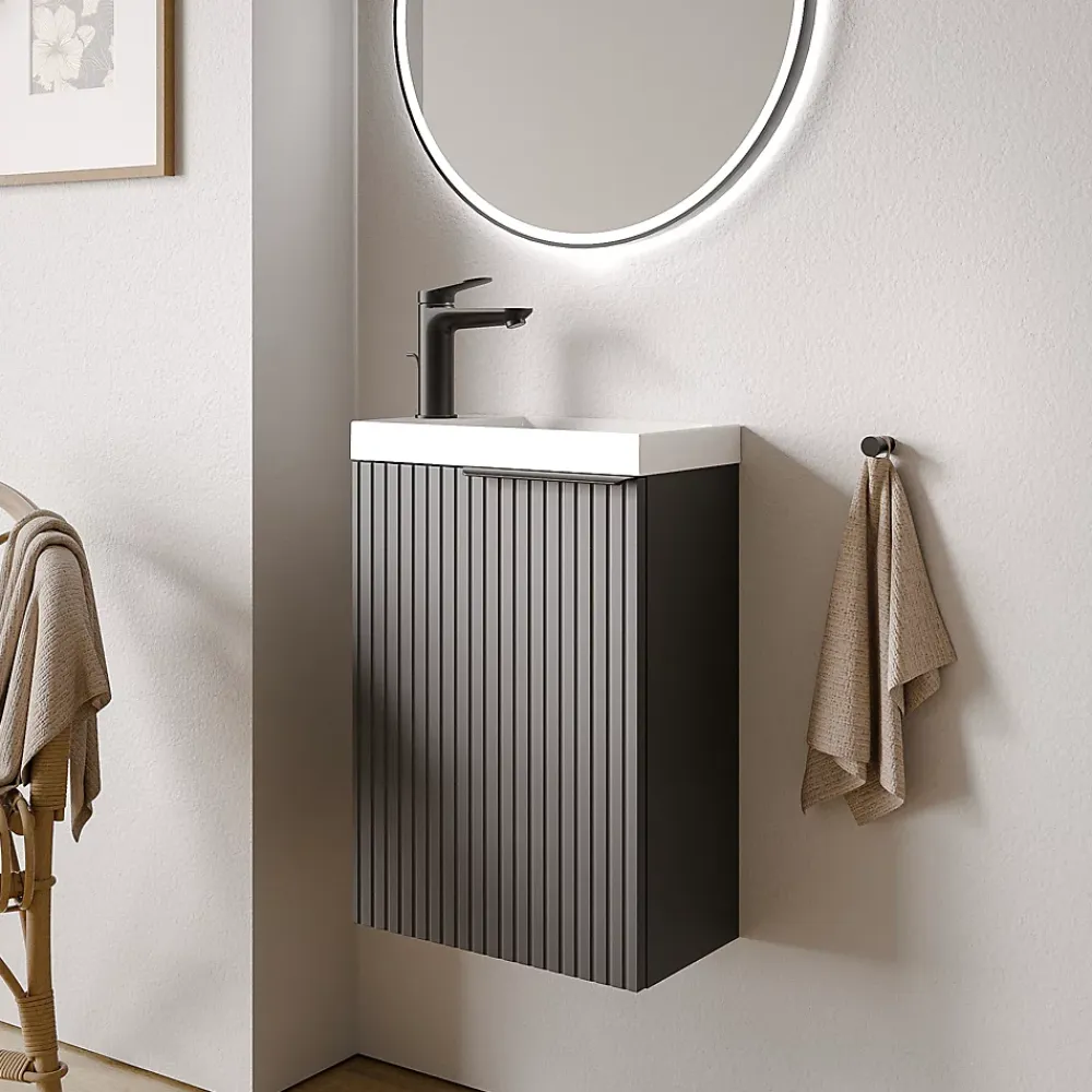 Bernstein Meuble vasque Anthracite mat strié de salle de bain 40x22x55cm (LxPxH) + vasque céramique, Poignée Noir mat - TIM40