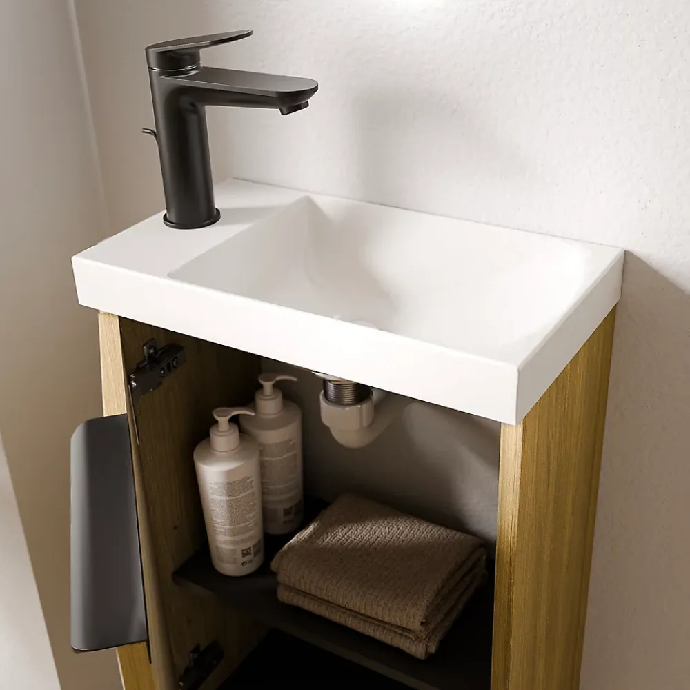 Bernstein Meuble vasque Beige strié de salle de bain 40x22x55cm (LxPxH) + vasque céramique, Poignée Noir mat - TIM40