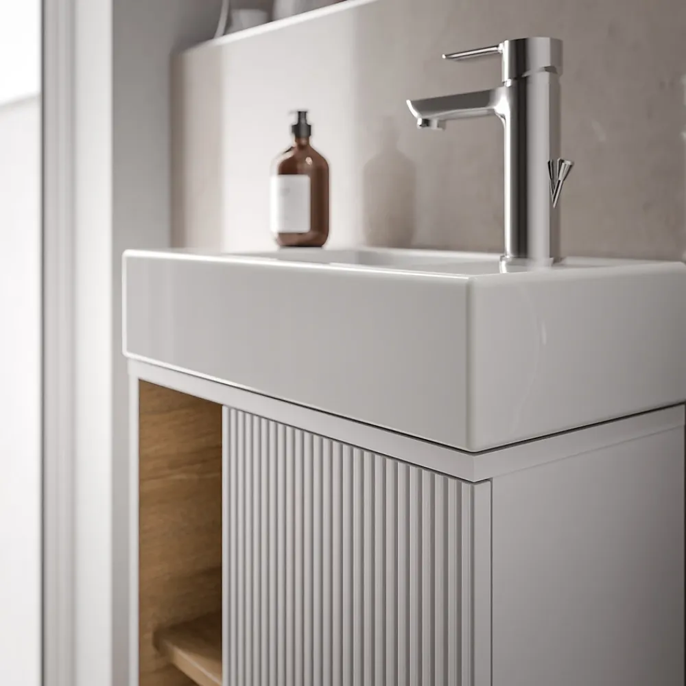 Lave-Mains|Bernstein Meuble vasque Blanc mat de salle de bain 55x24x59cm (LxPxH) 1 porte à droite + 2 cases rangement - BELDIVO