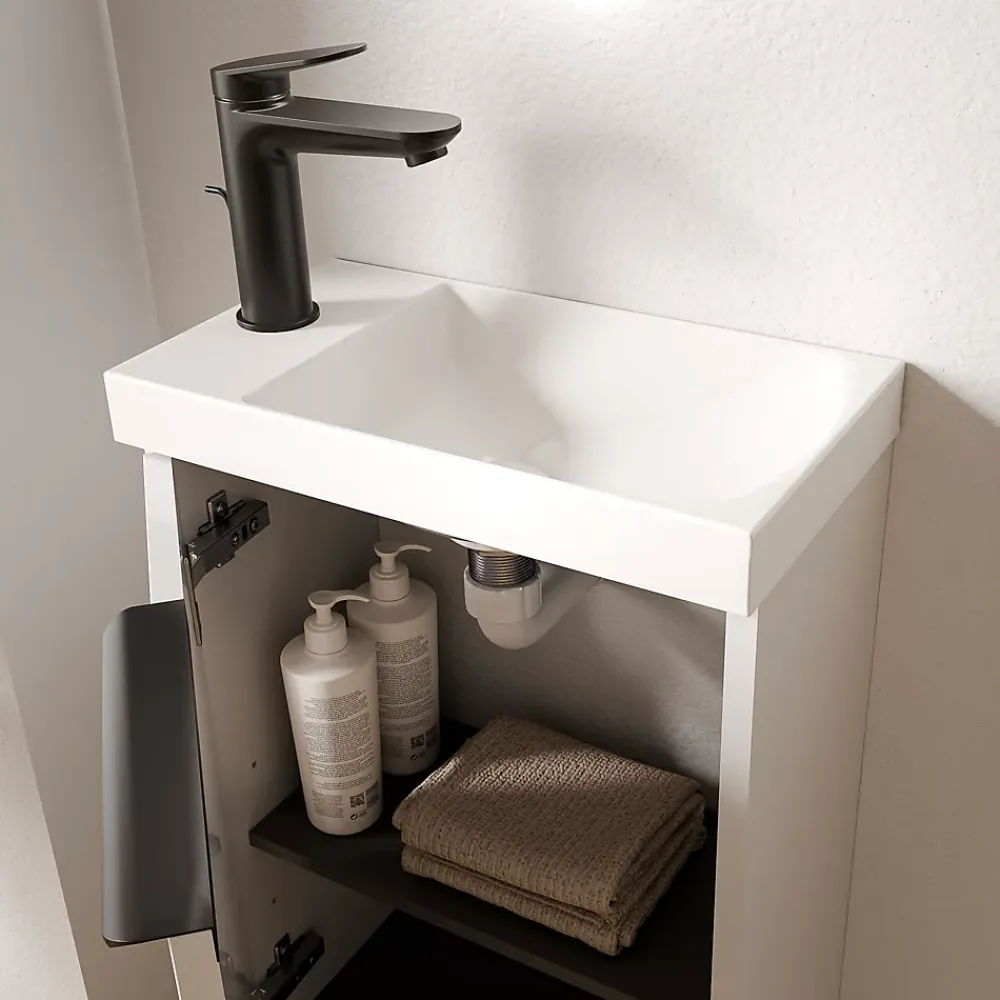 Lave-Mains|Bernstein Meuble vasque Blanc mat strié de salle de bain 40x22x55cm (LxPxH) + vasque céramique, Poignée Noir mat - TIM40