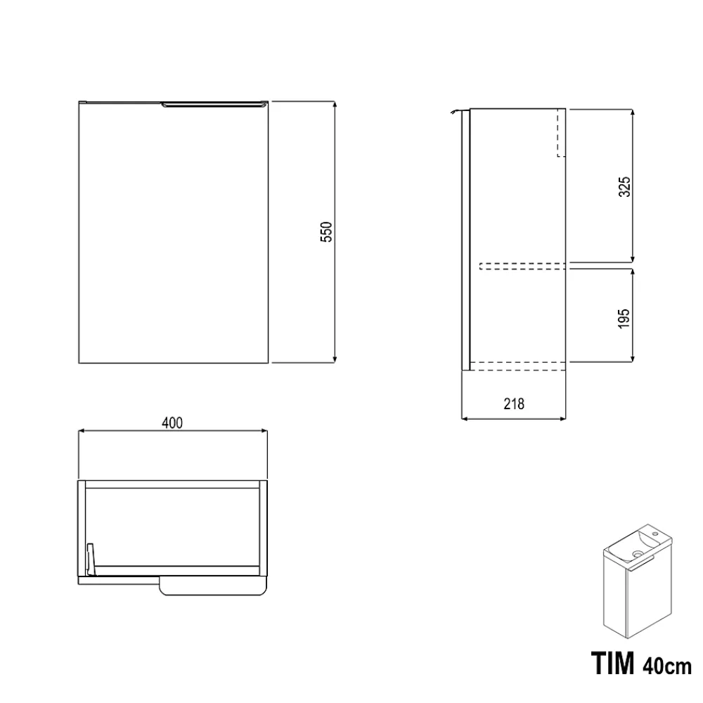 Lave-Mains|Bernstein Meuble vasque Blanc mat strié de salle de bain 40x22x55cm (LxPxH) + vasque céramique, Poignée Noir mat - TIM40