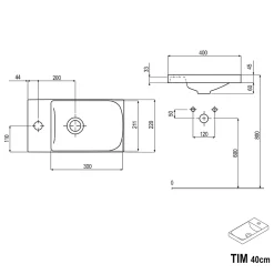 Lave-Mains|Bernstein Meuble vasque Blanc mat strié de salle de bain 40x22x55cm (LxPxH) + vasque céramique, Poignée Noir mat - TIM40