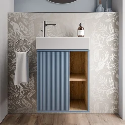 Lave-Mains|Bernstein Meuble vasque Bleu azur mat de salle de bain 55x24x59cm (LxPxH) 1 porte à gauche + 2 cases rangement - BELDIVO