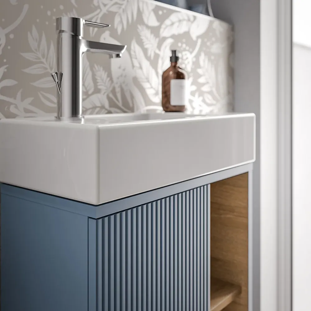 Lave-Mains|Bernstein Meuble vasque Bleu azur mat de salle de bain 55x24x59cm (LxPxH) 1 porte à gauche + 2 cases rangement - BELDIVO