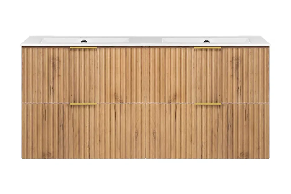 Lave-Mains|3xE Living Meuble vasque, Chêne Craft, 120 (2 x 60) x 57 x 46 cm, poignée dorée, sans plateau