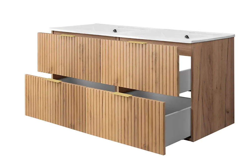 Lave-Mains|3xE Living Meuble vasque, Chêne Craft, 120 (2 x 60) x 57 x 46 cm, poignée dorée, sans plateau