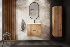 Lave-Mains|3xE Living Meuble vasque, Chêne Craft, 60 x 57 x 46 cm, poignée noire + Plan de travail