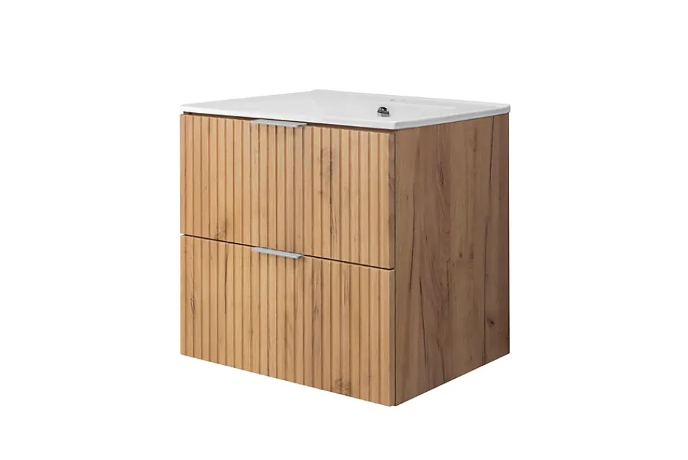 Lave-Mains|3xE Living Meuble vasque, Chêne Craft, 60 x 57 x 46 cm, poignée argentée, sans plateau