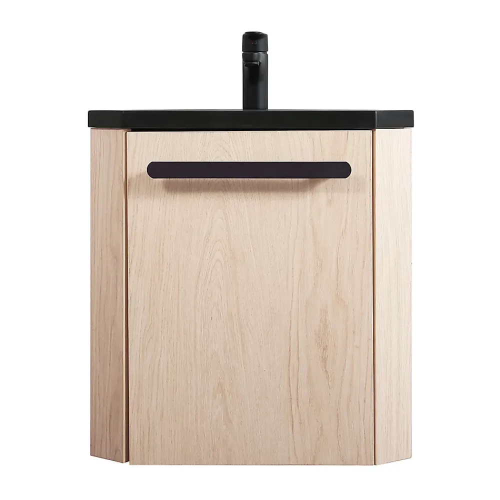 Homesight Meuble vasque d'angle compact suspendu effet chêne + plan vasque noir en résine, Skino